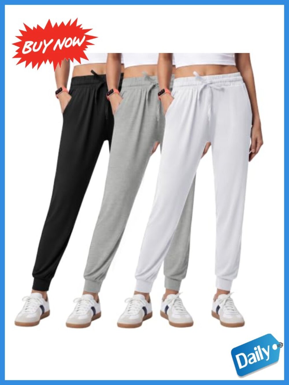 Women's 3 Pack Lightweight Joggers Sweatpants Cuffed Drawstring Pockets